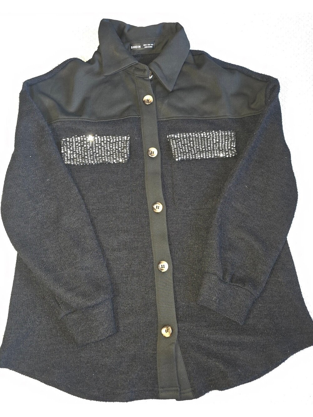 SHEIN dazzling black sweater shirt with sequined pockets size us 6